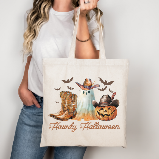 Howdy Halloween Tasche Baumwollbeutel Cowboy Geist Kürbis – Halloween Geschenk – Bügelbild für T-Shirts, Kissen, Jacken & Co.
