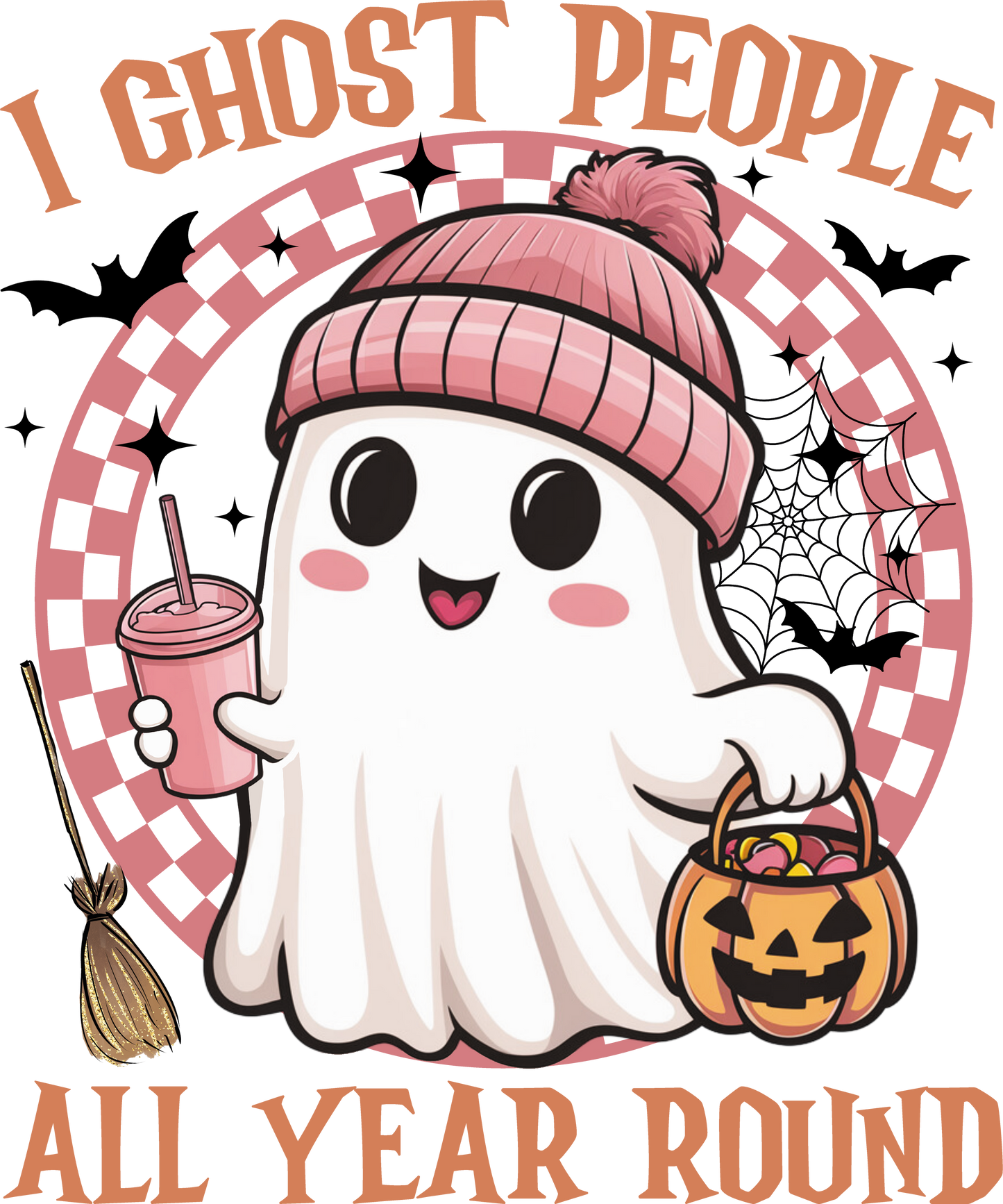 Tragetasche “I Ghost People All Year Round” | Halloween Baumwollbeutel in Rosa, Beige, Schwarz | Lustiges Geist-Motiv | DTG Druck | Auch als Bügelbild erhältlich