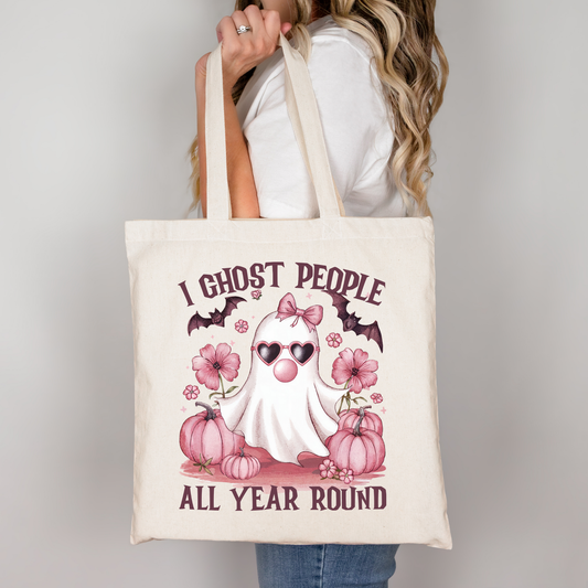 Halloween Baumwolltasche – I Ghost People All Year Round – Schwarze & Beige Tote Bag – DTG Druck – Geschenk für Geisterfans – Motiv auch als Bügelbild
