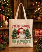 I’m Dreaming of a White Christmas – Weihnachtlicher Stoffbeutel mit Weihnachtsmann und Tannenbäumen | Baumwolltasche mit langen Henkeln | Geschenkidee