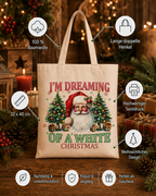 I’m Dreaming of a White Christmas – Weihnachtlicher Stoffbeutel mit Weihnachtsmann und Tannenbäumen | Baumwolltasche mit langen Henkeln | Geschenkidee