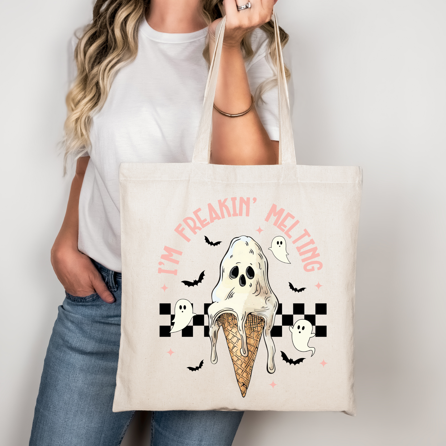 Halloween Tote Bag “I’m Freakin’ Melting” – Baumwolltasche mit Geister-Motiv – DTG Druck – auch als Bügelbild – Geschenk für Halloween-Liebhaber:innen