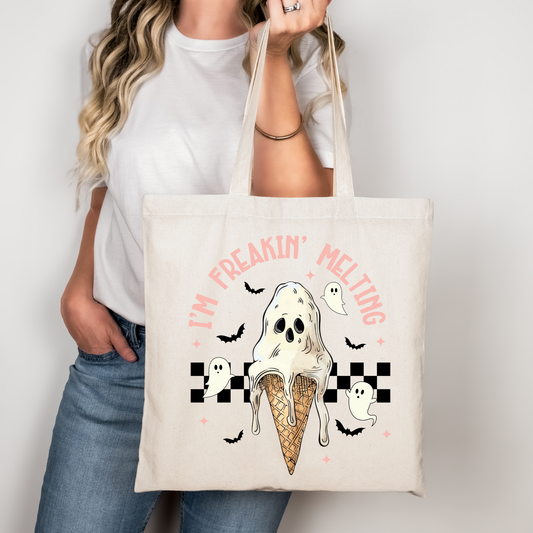 Halloween Tote Bag “I’m Freakin’ Melting” – Baumwolltasche mit Geister-Motiv – DTG Druck – auch als Bügelbild – Geschenk für Halloween-Liebhaber:innen