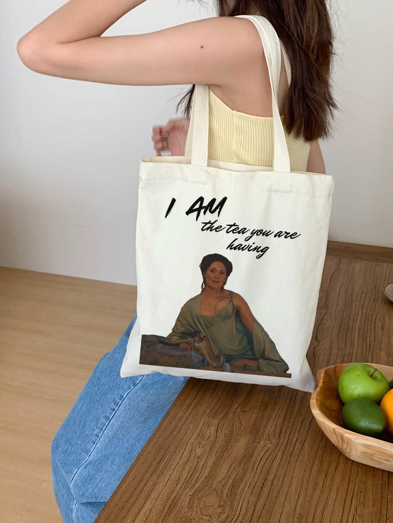 I am the tea you are having Baumwollbeutel beige Stoffbeutel Geschenk Bridgerton Fan Jutebeutel Freundin Schwester Mama Tote Bag nachhaltig lustig