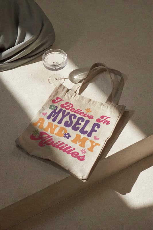 I Believe in Myself and My Abilities Baumwolltasche Stoffbeutel Spruch Retro Design nachhaltig Geschenk Shopper individuell bedruckt