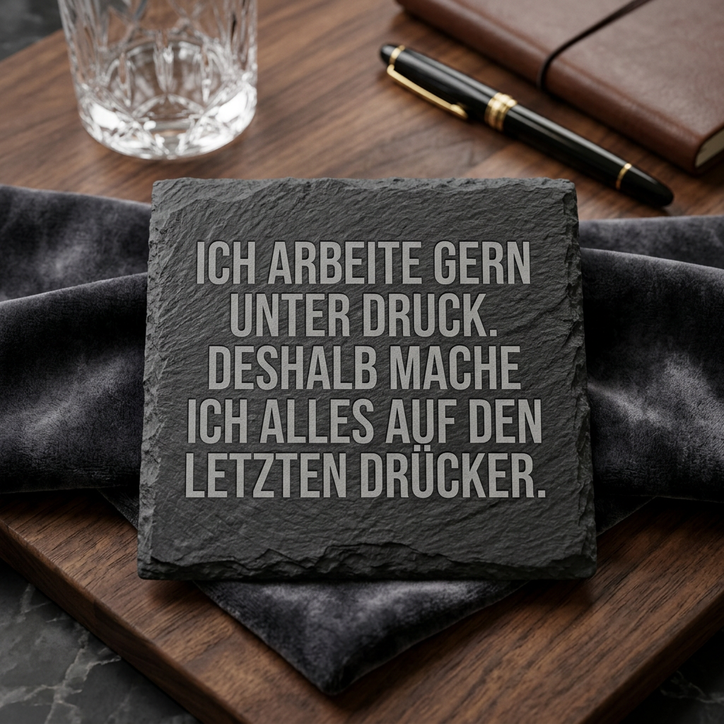 Ich arbeite gern unter Druck. Deshalb mache ich alles auf den letzten Drücker. – Schiefer Untersetzer 10x10 cm, lustiges Büro Geschenk, Geschenk für Arbeitskollegen, handgravierter Naturstein