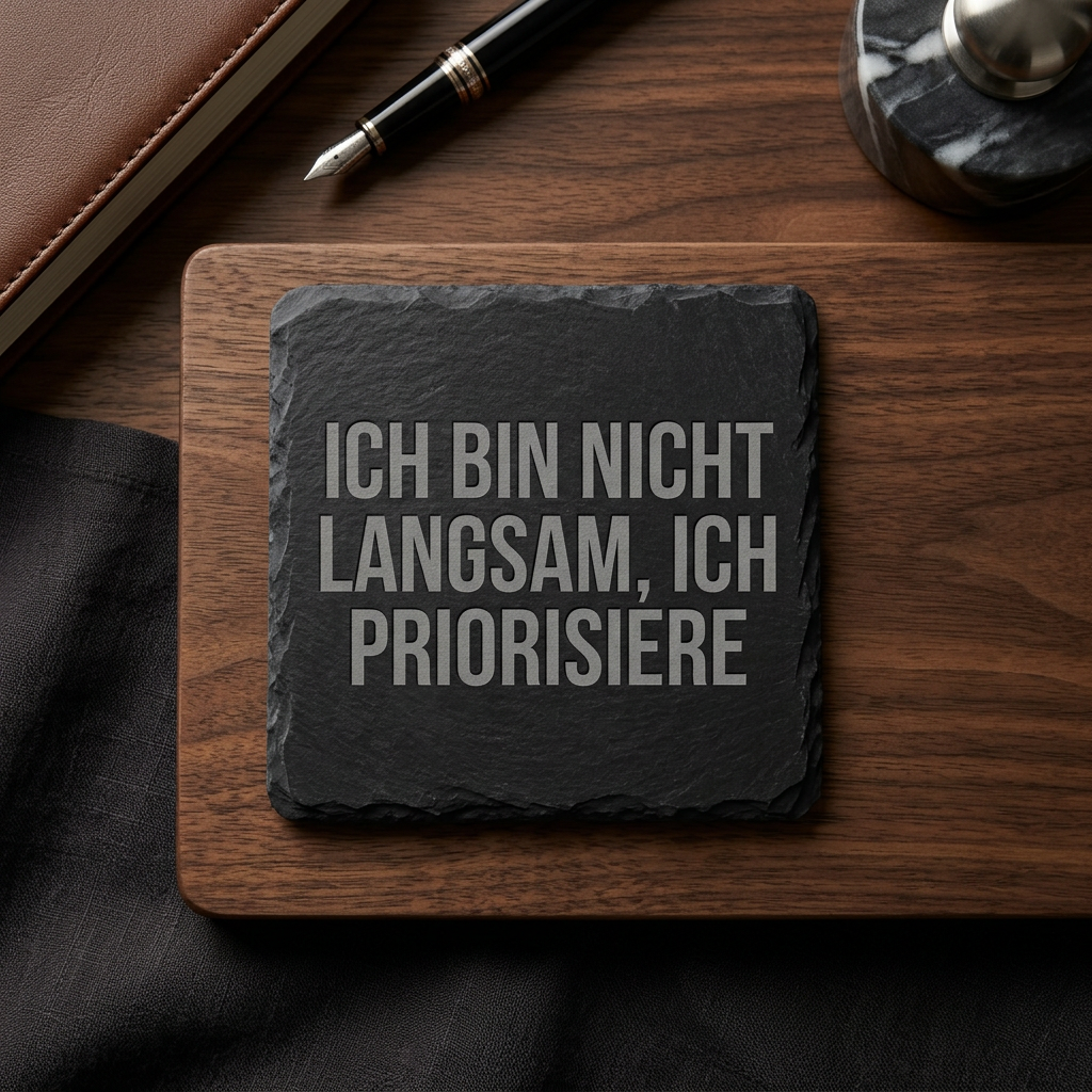 Ich bin nicht langsam, ich priorisiere – Schiefer Untersetzer 10x10 cm, lustiges Büro Geschenk, Geschenk für Arbeitskollegen, handgravierter Naturstein