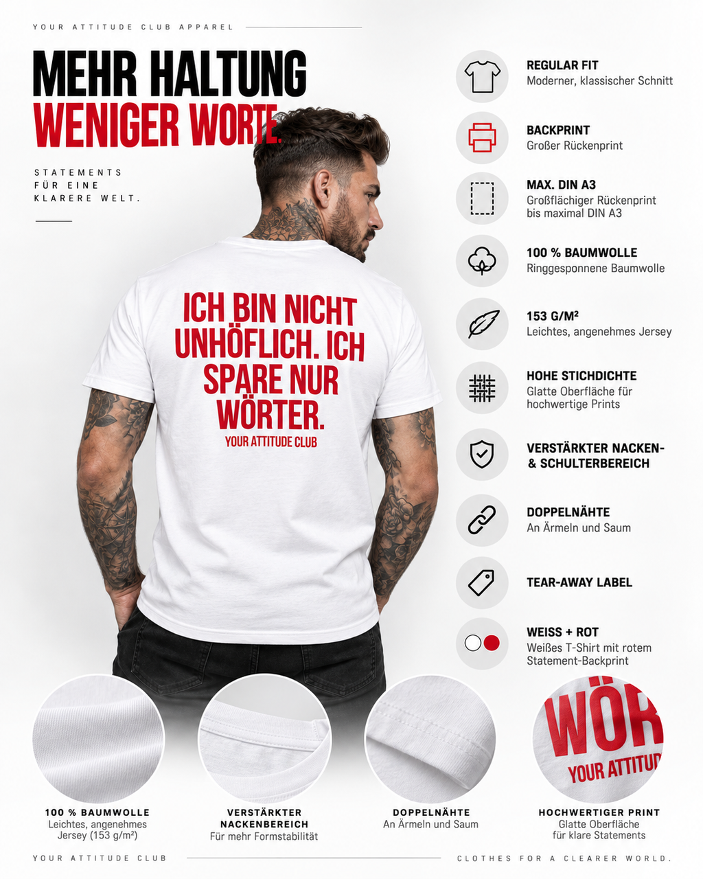 ICH BIN NICHT UNHÖFLICH. ICH SPARE NUR WÖRTER. – Unisex Statement T-Shirt Weiß mit rotem Backprint | freches Sprüche Shirt