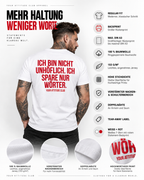 ICH BIN NICHT UNHÖFLICH. ICH SPARE NUR WÖRTER. – Unisex Statement T-Shirt Weiß mit rotem Backprint | freches Sprüche Shirt