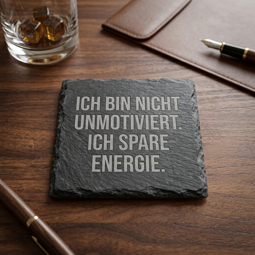 Ich bin nicht unmotiviert. Ich spare Energie – Schiefer Untersetzer 10x10 cm, lustiges Büro Geschenk, Geschenk für Arbeitskollegen, handgravierter Naturstein