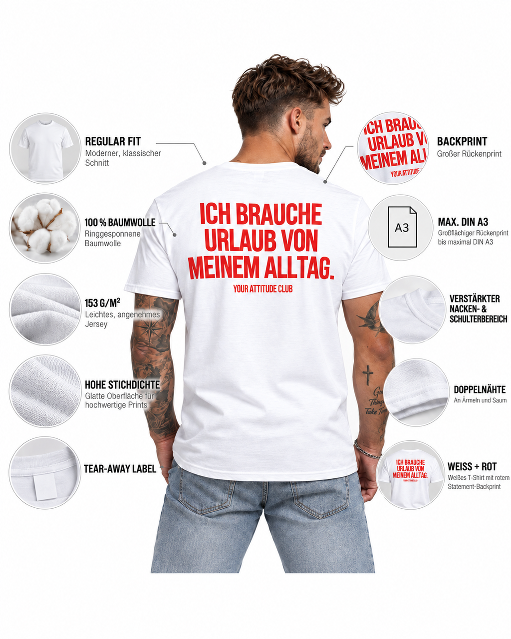 ICH BRAUCHE URLAUB VON MEINEM ALLTAG. – Unisex Statement T-Shirt Weiß mit rotem Backprint | lustiges Sprüche Shirt