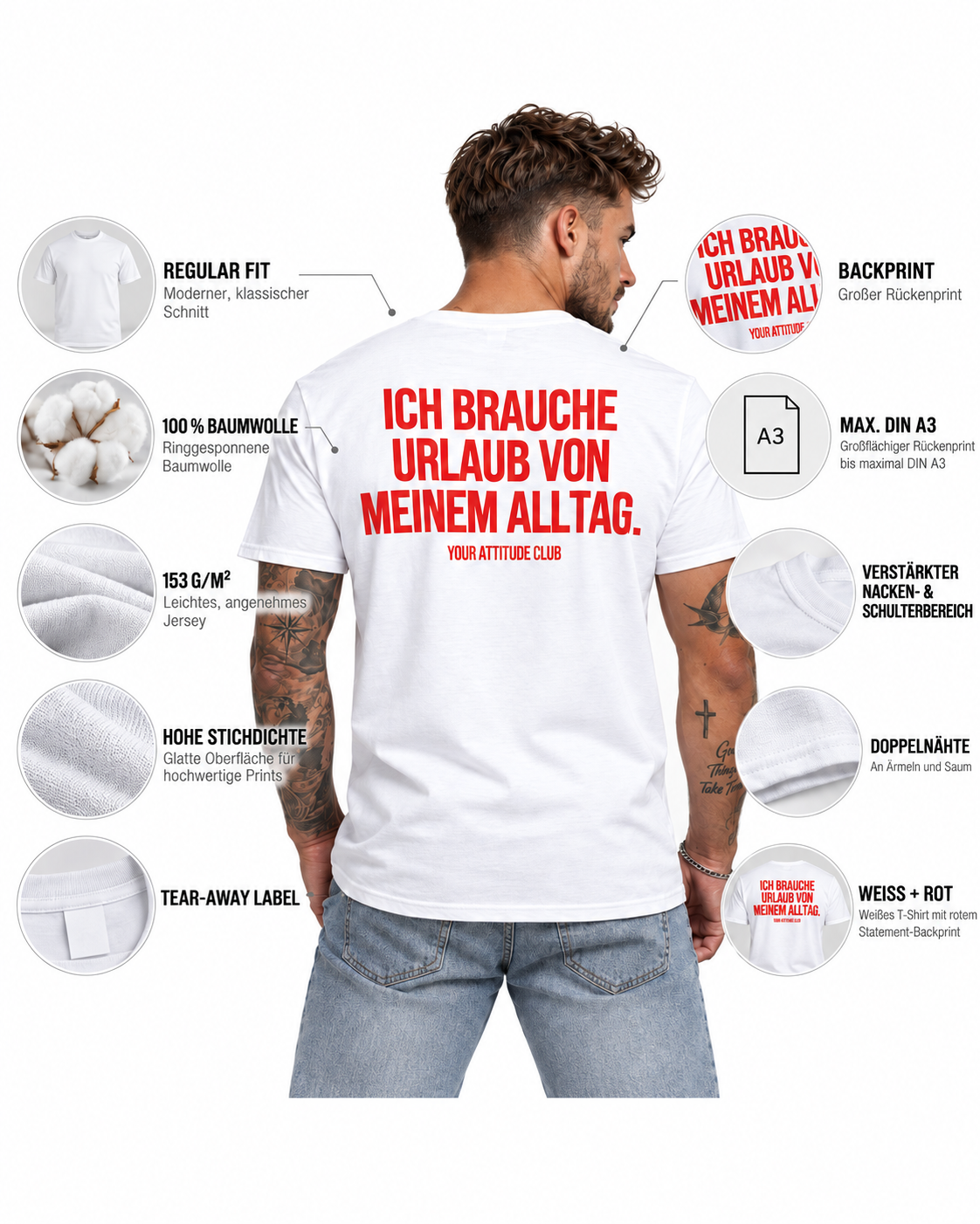 ICH BRAUCHE URLAUB VON MEINEM ALLTAG. – Unisex Statement T-Shirt Weiß mit rotem Backprint | lustiges Sprüche Shirt