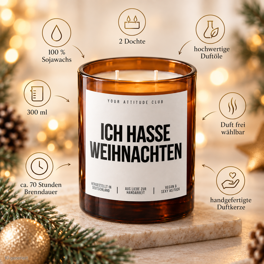 ICH HASSE WEIHNACHTEN – Weihnachtskerze | lustiges Weihnachtsgeschenk | Wichtelgeschenk | Geschenk für Freunde, Kolleg:innen & Familie