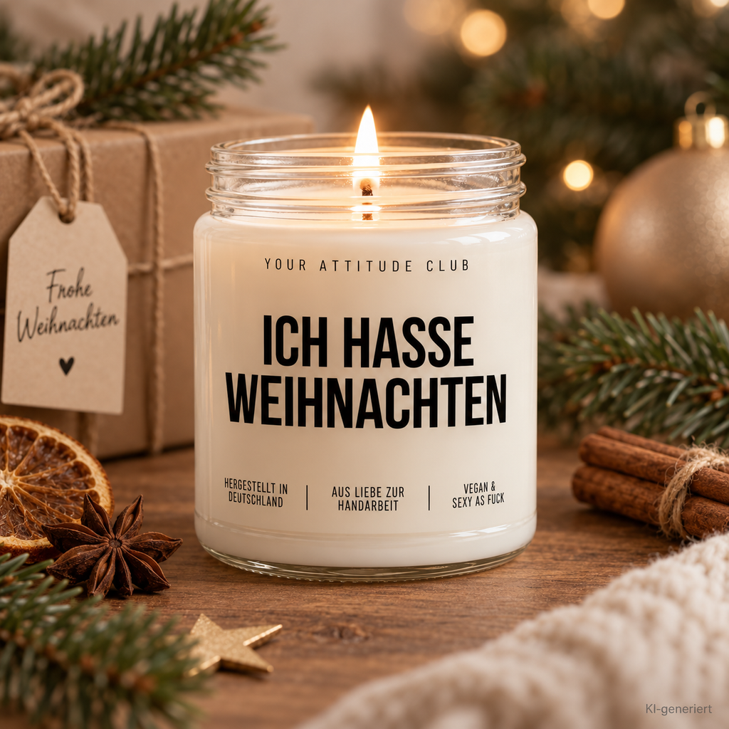 ICH HASSE WEIHNACHTEN | Weihnachtskerze Duftkerze Weihnachten lustiges Weihnachtsgeschenk Wichtelgeschenk Geschenkidee für Freunde Kollegen Familie