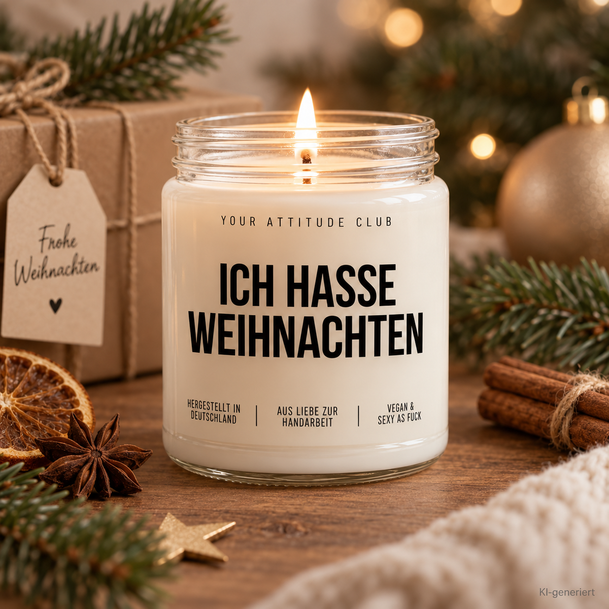 ICH HASSE WEIHNACHTEN | Weihnachtskerze Duftkerze Weihnachten lustiges Weihnachtsgeschenk Wichtelgeschenk Geschenkidee für Freunde Kollegen Familie
