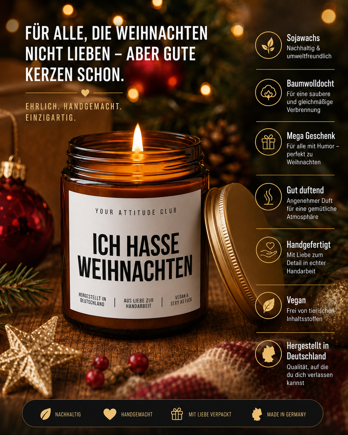 ICH HASSE WEIHNACHTEN Weihnachtskerze mit Spruch | freche Duftkerze | lustiges Weihnachtsgeschenk | Anti Weihnachten Geschenk | Sojawachs Kerze handgemacht