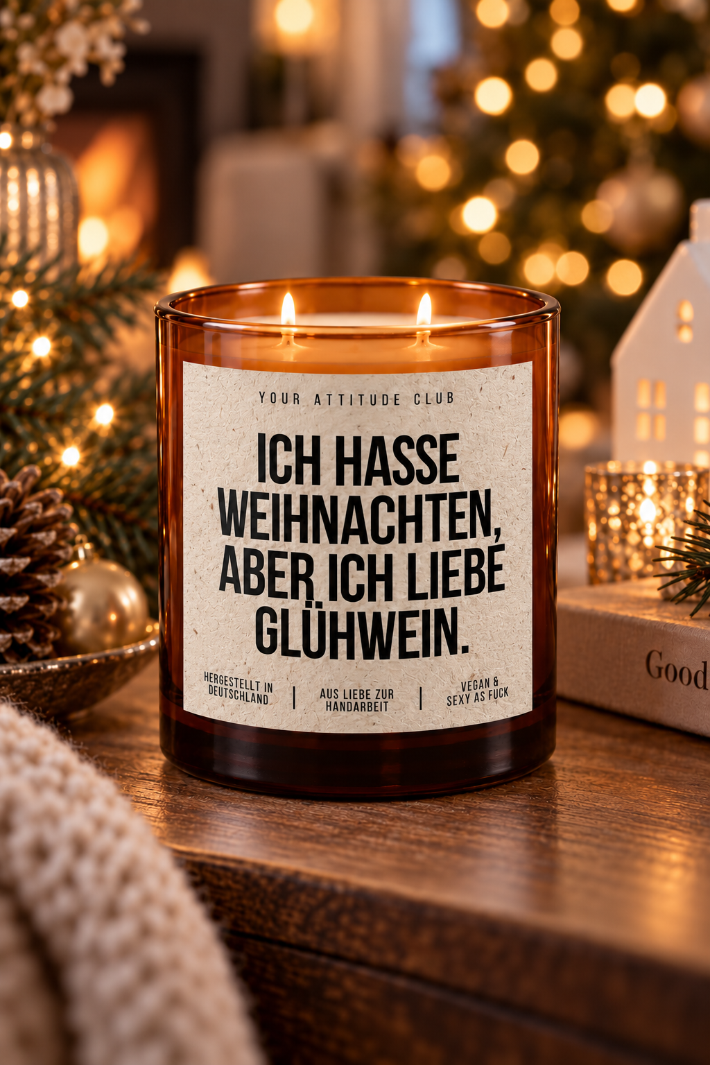 ICH HASSE WEIHNACHTEN, ABER ICH LIEBE GLÜHWEIN. – Weihnachtskerze Naturgras Etikett | Weihnachtsgeschenk | Wichtelgeschenk | Geschenkidee Weihnachten