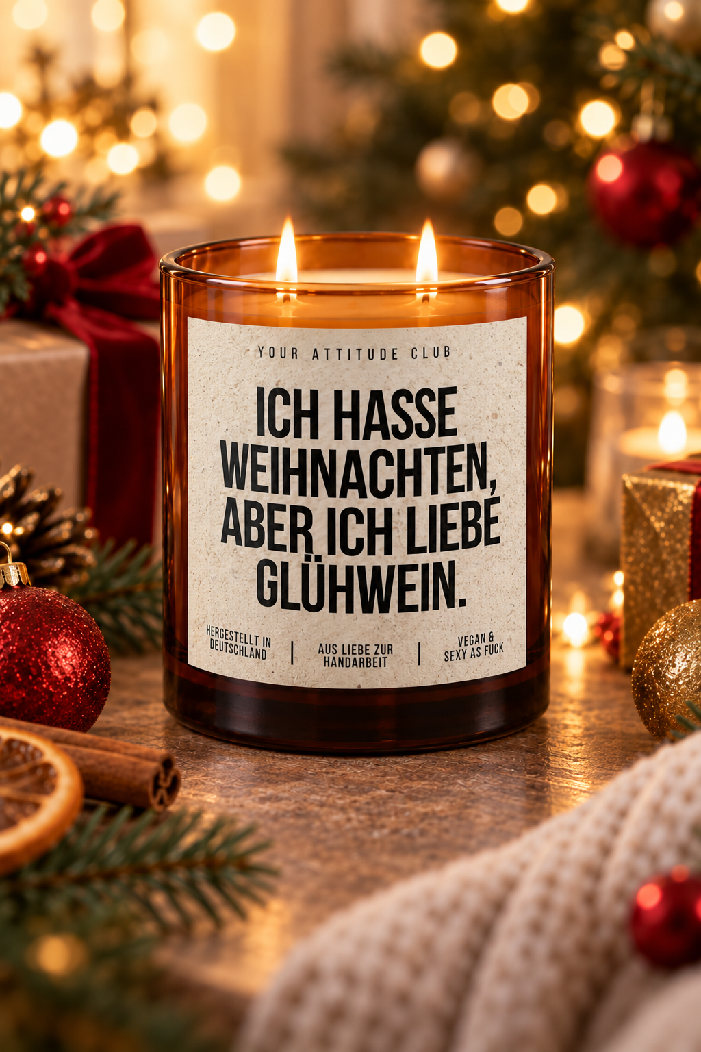 ICH HASSE WEIHNACHTEN, ABER ICH LIEBE GLÜHWEIN. – Weihnachtskerze Naturgras Etikett | Weihnachtsgeschenk | Wichtelgeschenk | Geschenkidee Weihnachten