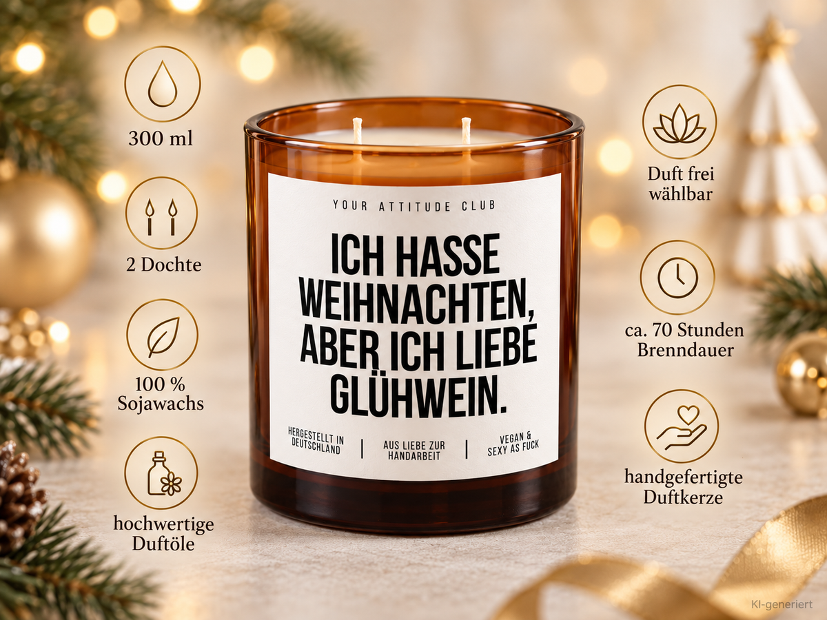 ICH HASSE WEIHNACHTEN, ABER ICH LIEBE GLÜHWEIN. – Weihnachtskerze | Lustiges Weihnachtsgeschenk | Geschenkidee für Freunde, Kolleg:innen & Glühwein-Fans