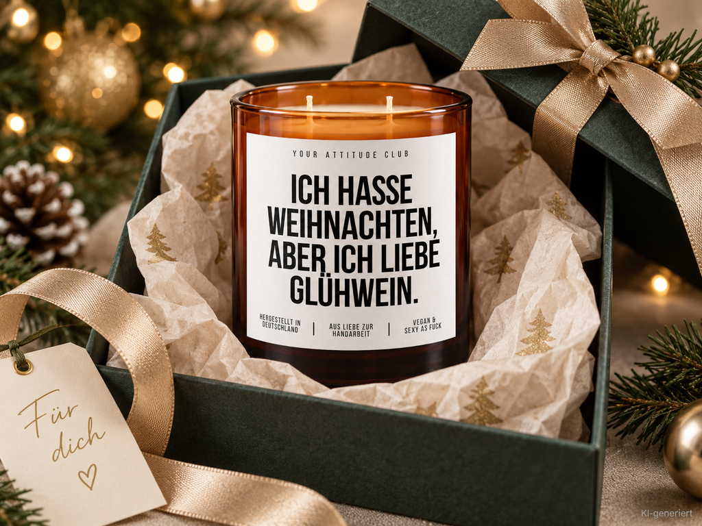 ICH HASSE WEIHNACHTEN, ABER ICH LIEBE GLÜHWEIN. – Weihnachtskerze | Lustiges Weihnachtsgeschenk | Geschenkidee für Freunde, Kolleg:innen & Glühwein-Fans