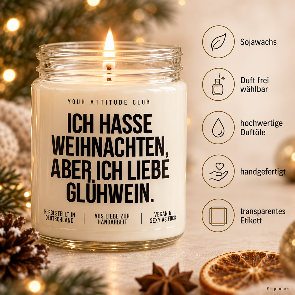 ICH HASSE WEIHNACHTEN, ABER ICH LIEBE GLÜHWEIN. | Weihnachtskerze Duftkerze Weihnachten Geschenkidee Wichtelgeschenk lustiges Weihnachtsgeschenk