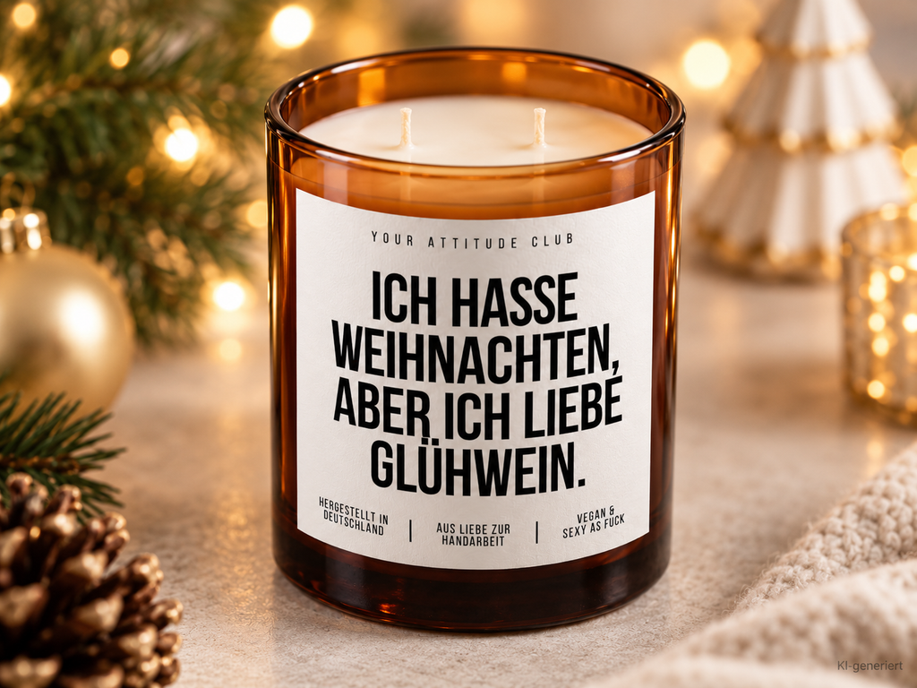 ICH HASSE WEIHNACHTEN, ABER ICH LIEBE GLÜHWEIN. – Weihnachtskerze Naturgras Etikett | Weihnachtsgeschenk | Wichtelgeschenk | Geschenkidee Weihnachten
