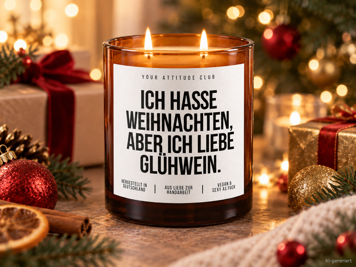 ICH HASSE WEIHNACHTEN, ABER ICH LIEBE GLÜHWEIN. – Weihnachtskerze | Lustiges Weihnachtsgeschenk | Geschenkidee für Freunde, Kolleg:innen & Glühwein-Fans