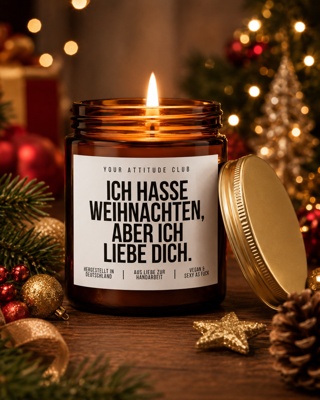 ICH HASSE WEIHNACHTEN, ABER ICH LIEBE DICH Weihnachtskerze mit Spruch | romantisch freche Duftkerze | Geschenk für Partner | Sojawachs Kerze handgemacht