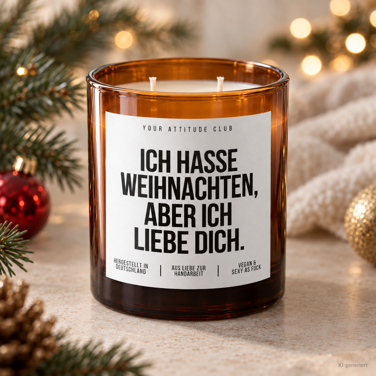 ICH HASSE WEIHNACHTEN, ABER ICH LIEBE DICH. – Weihnachtskerze | Weihnachtsgeschenk für Partner:in | Geschenkidee Weihnachten