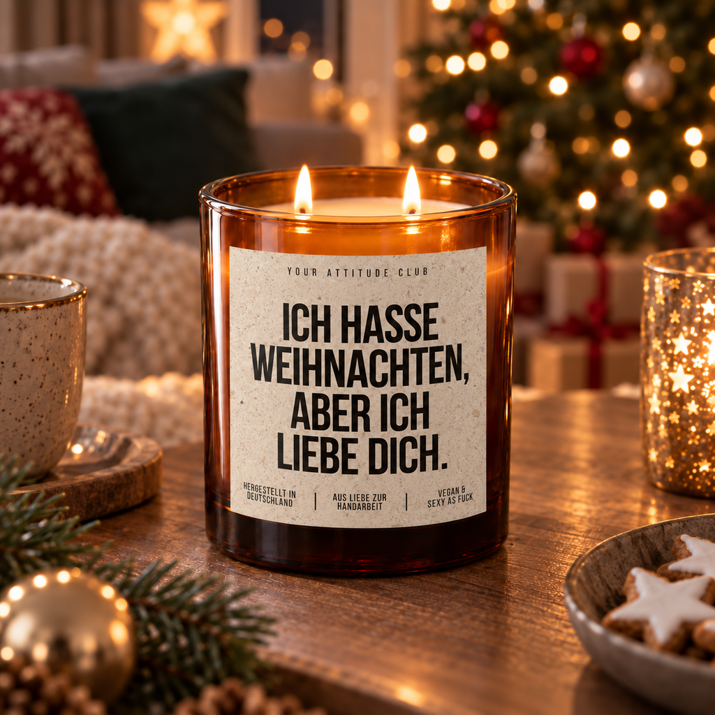 ICH HASSE WEIHNACHTEN, ABER ICH LIEBE DICH. – Weihnachtskerze | Weihnachtsgeschenk für Partner:in | Geschenkidee Weihnachten