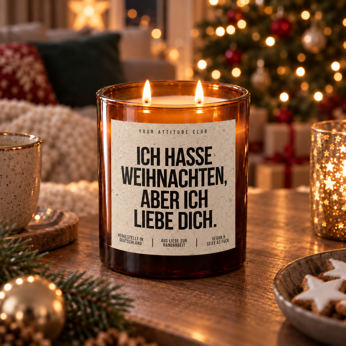 ICH HASSE WEIHNACHTEN, ABER ICH LIEBE DICH. – Weihnachtskerze | Weihnachtsgeschenk für Partner:in | Geschenkidee Weihnachten