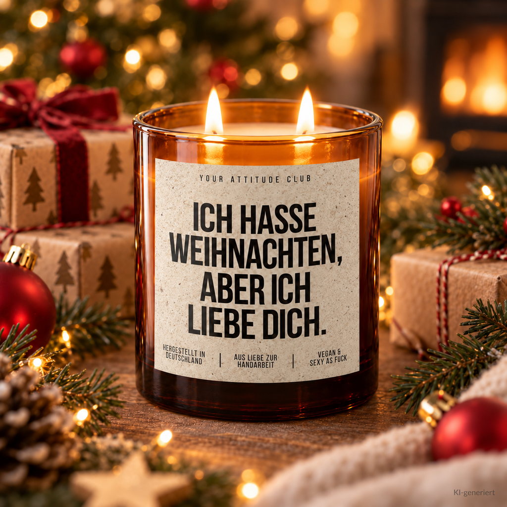 ICH HASSE WEIHNACHTEN, ABER ICH LIEBE DICH. – Weihnachtskerze | Weihnachtsgeschenk für Partner:in | Geschenkidee Weihnachten