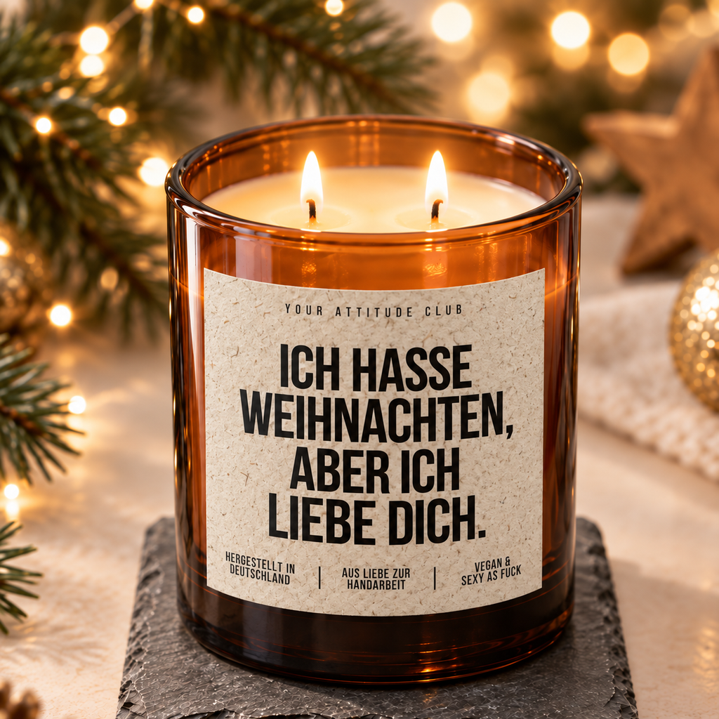 ICH HASSE WEIHNACHTEN, ABER ICH LIEBE DICH. – Weihnachtskerze | Weihnachtsgeschenk für Partner:in | Geschenkidee Weihnachten