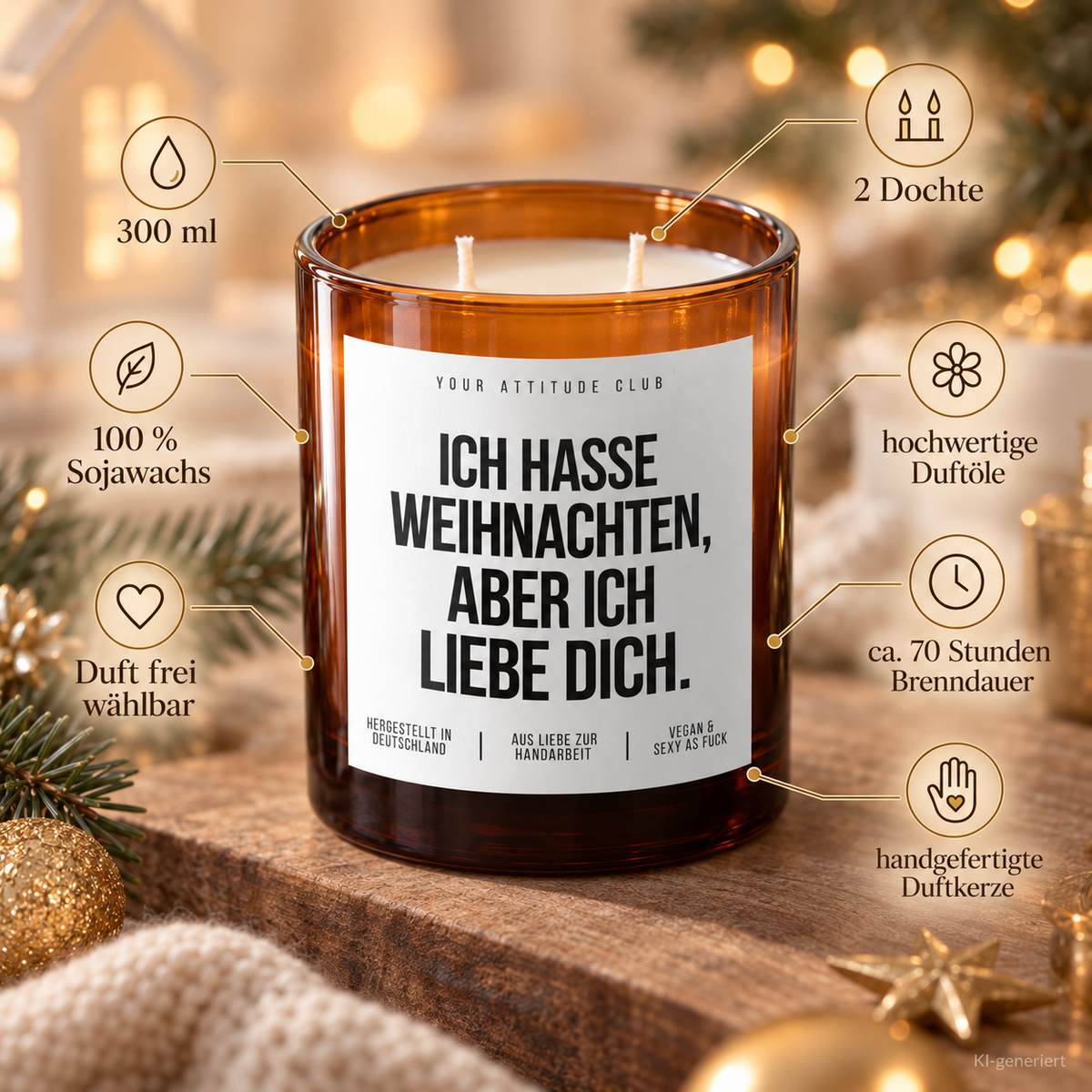 ICH HASSE WEIHNACHTEN, ABER ICH LIEBE DICH. – Weihnachtskerze | Weihnachtsgeschenk für Partner:in | Geschenkidee Weihnachten