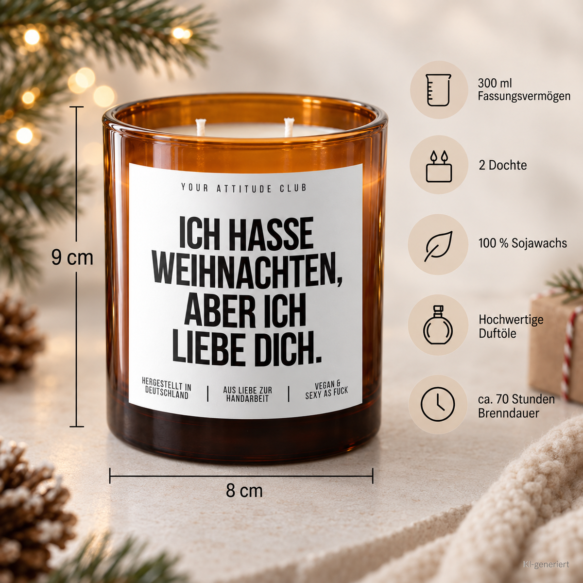 ICH HASSE WEIHNACHTEN, ABER ICH LIEBE DICH. – Weihnachtskerze | Weihnachtsgeschenk für Partner:in | Geschenkidee Weihnachten