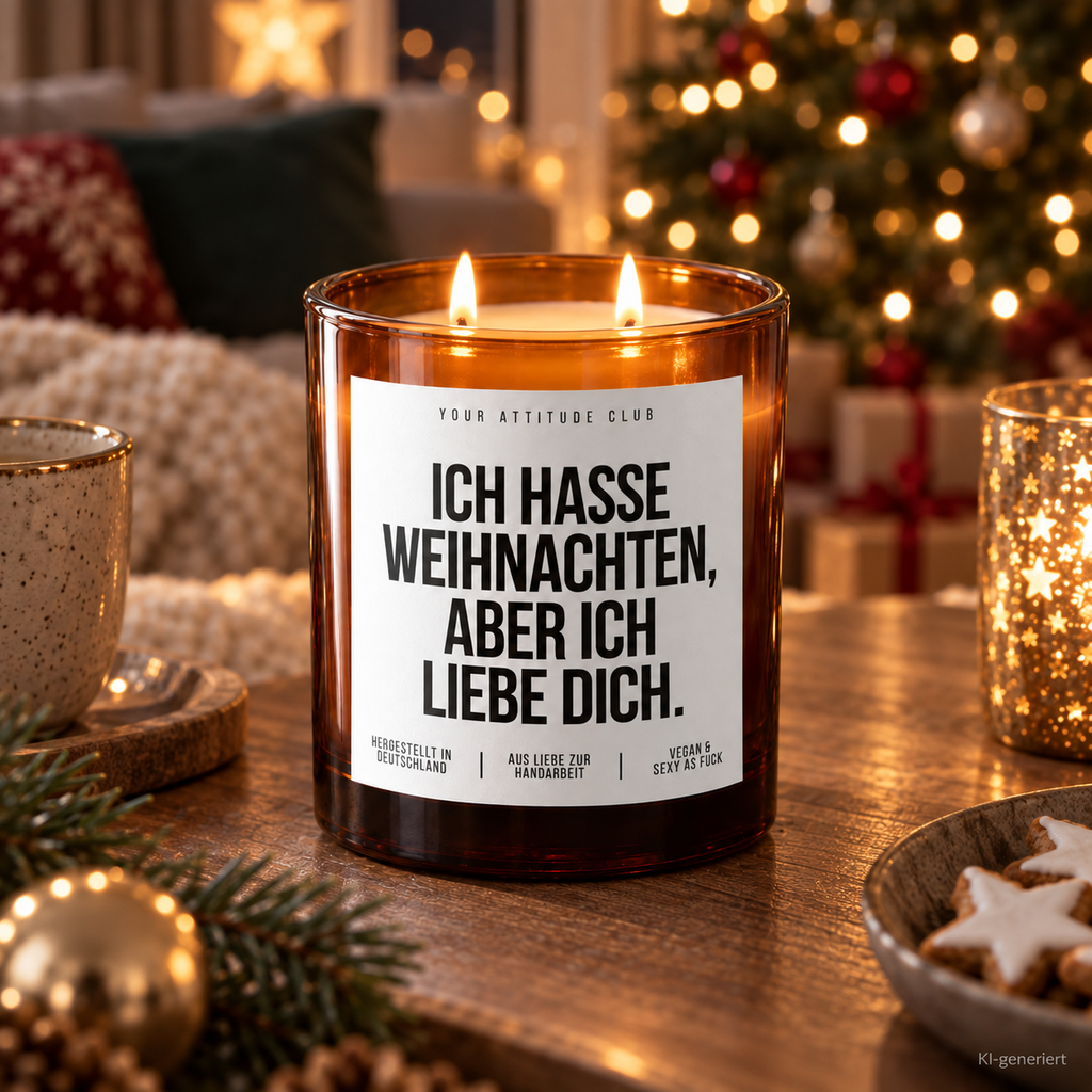 ICH HASSE WEIHNACHTEN, ABER ICH LIEBE DICH. – Weihnachtskerze Naturgras Etikett | Weihnachtsgeschenk für Partner:in | Geschenkidee Weihnachten