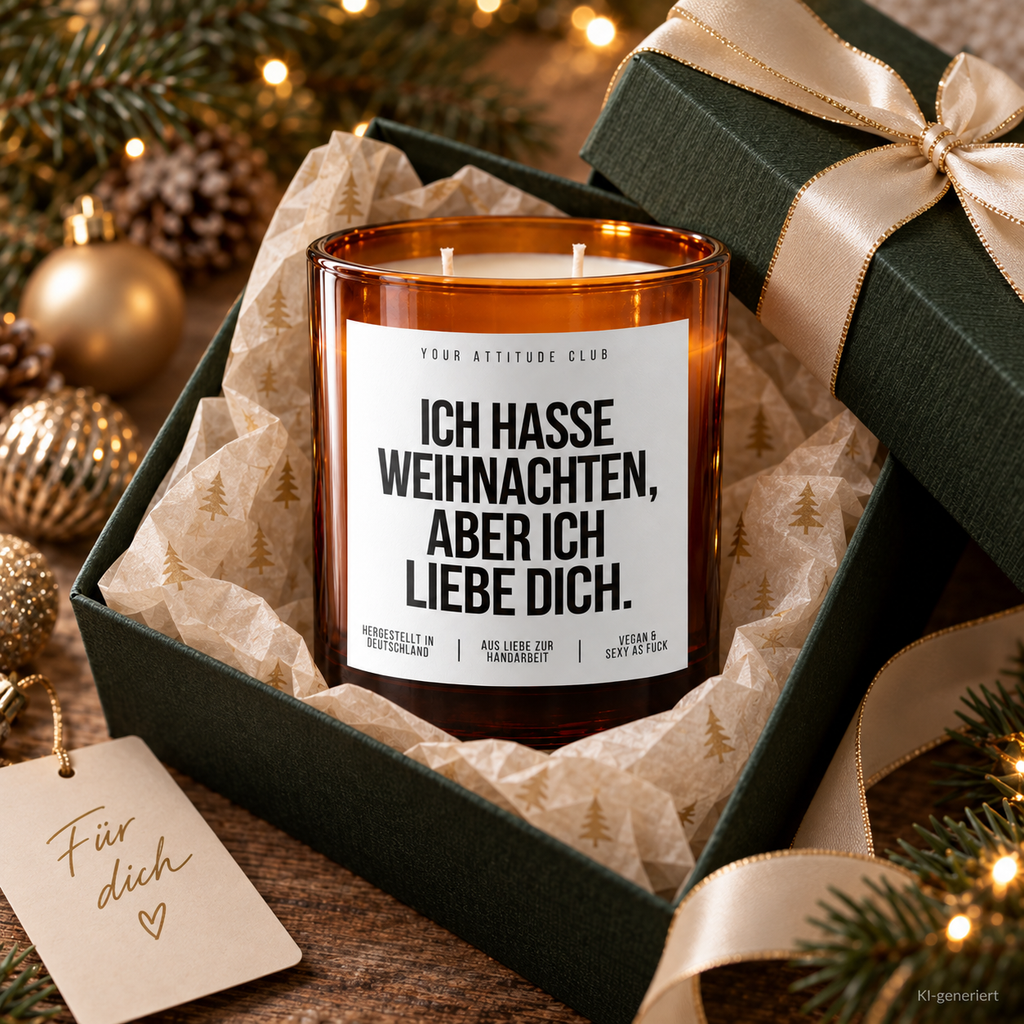 ICH HASSE WEIHNACHTEN, ABER ICH LIEBE DICH. – Weihnachtskerze | Weihnachtsgeschenk für Partner:in | Geschenkidee Weihnachten