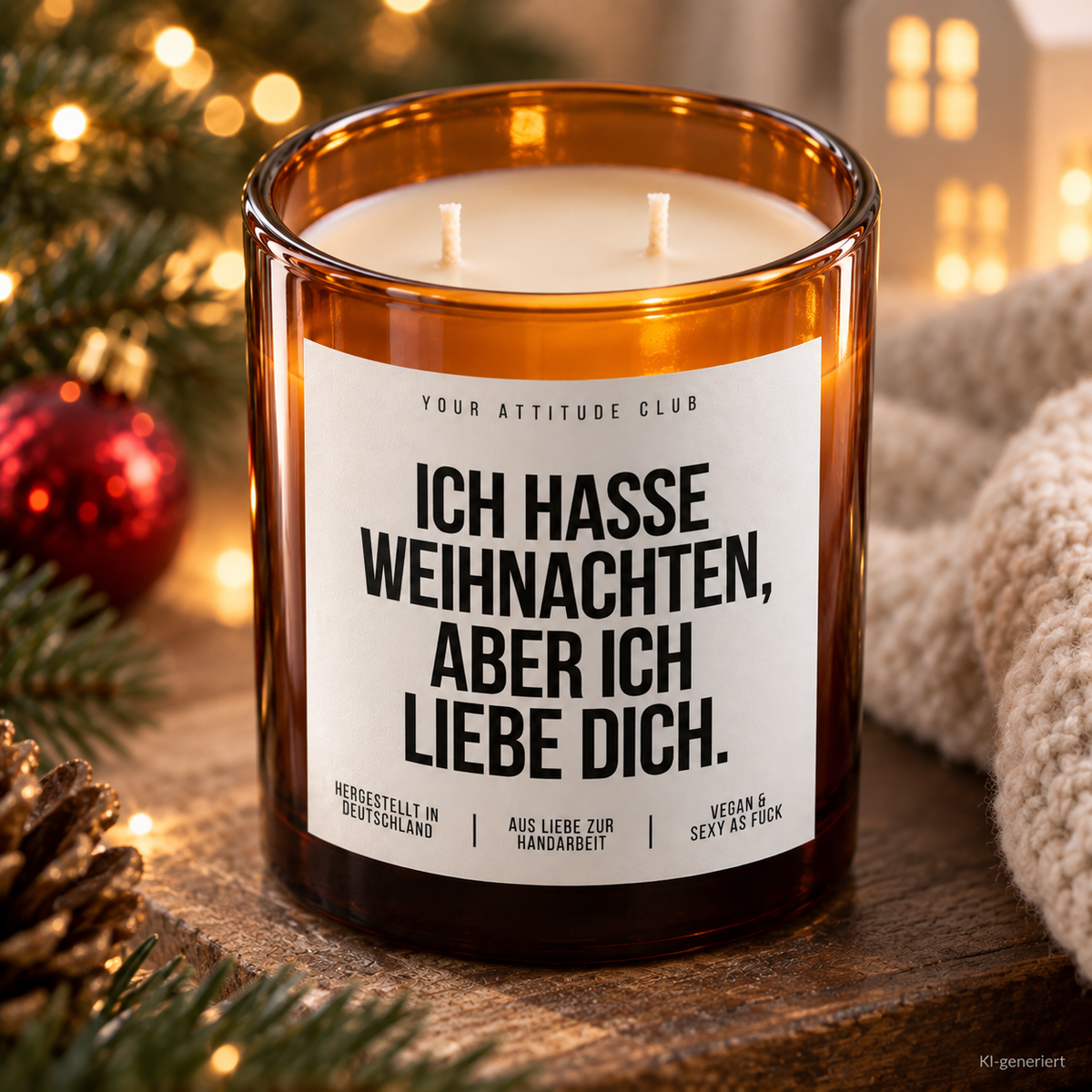 ICH HASSE WEIHNACHTEN, ABER ICH LIEBE DICH. – Weihnachtskerze Naturgras Etikett | Weihnachtsgeschenk für Partner:in | Geschenkidee Weihnachten