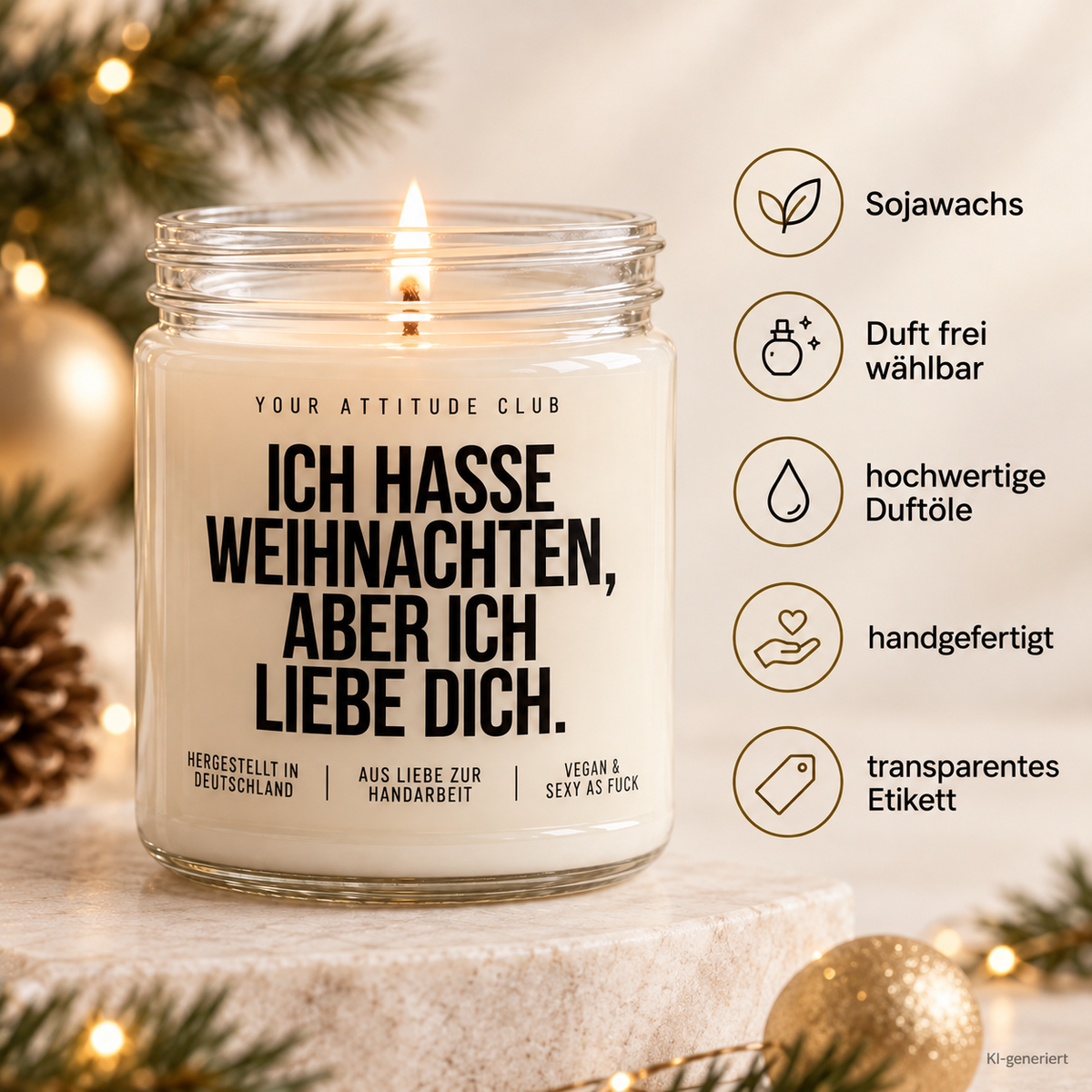 ICH HASSE WEIHNACHTEN, ABER ICH LIEBE DICH. | Weihnachtskerze Duftkerze Weihnachten Geschenkidee für Partner Freundin Freund Wichtelgeschenk