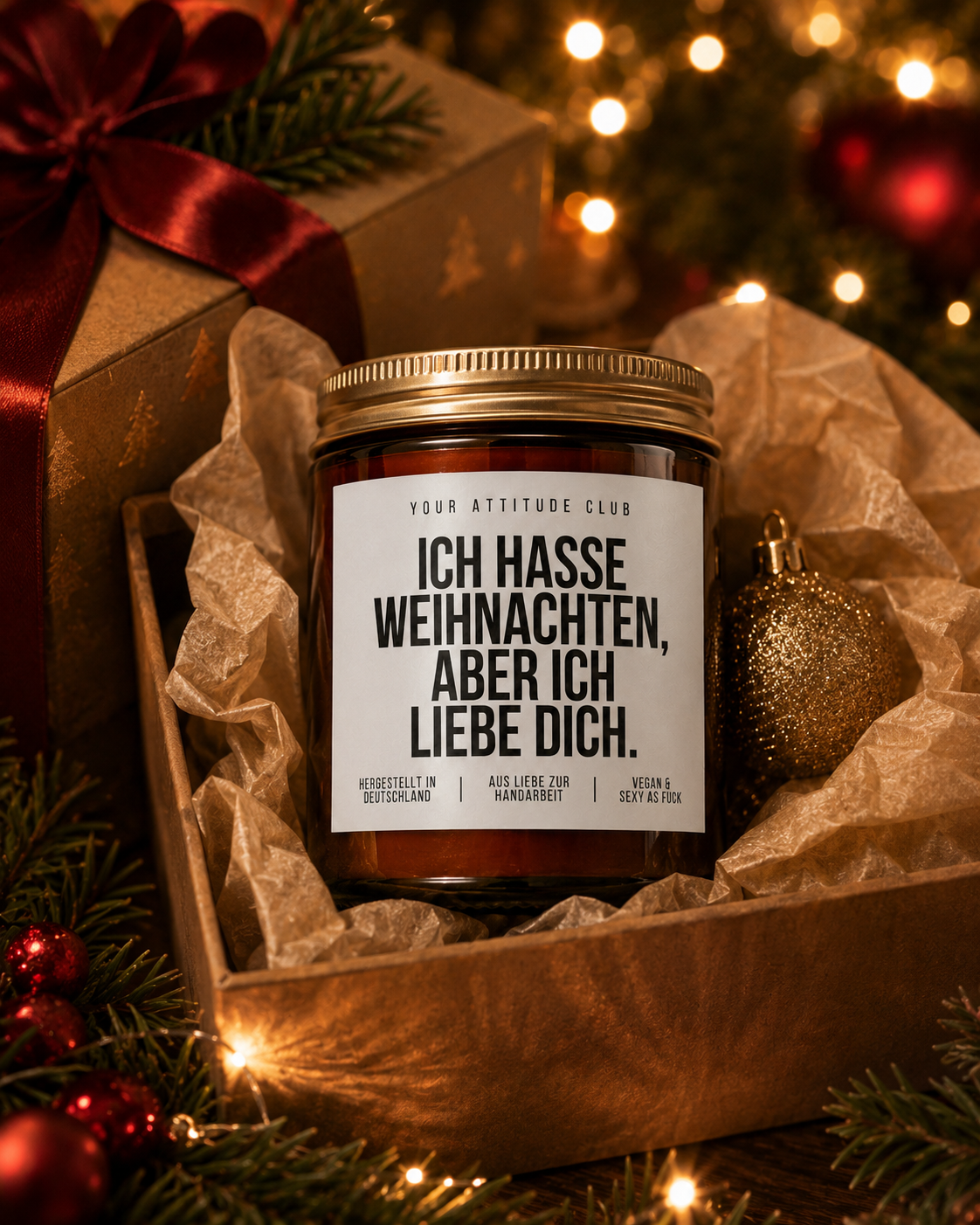 ICH HASSE WEIHNACHTEN, ABER ICH LIEBE DICH Weihnachtskerze mit Spruch | romantisch freche Duftkerze | Geschenk für Partner | Sojawachs Kerze handgemacht
