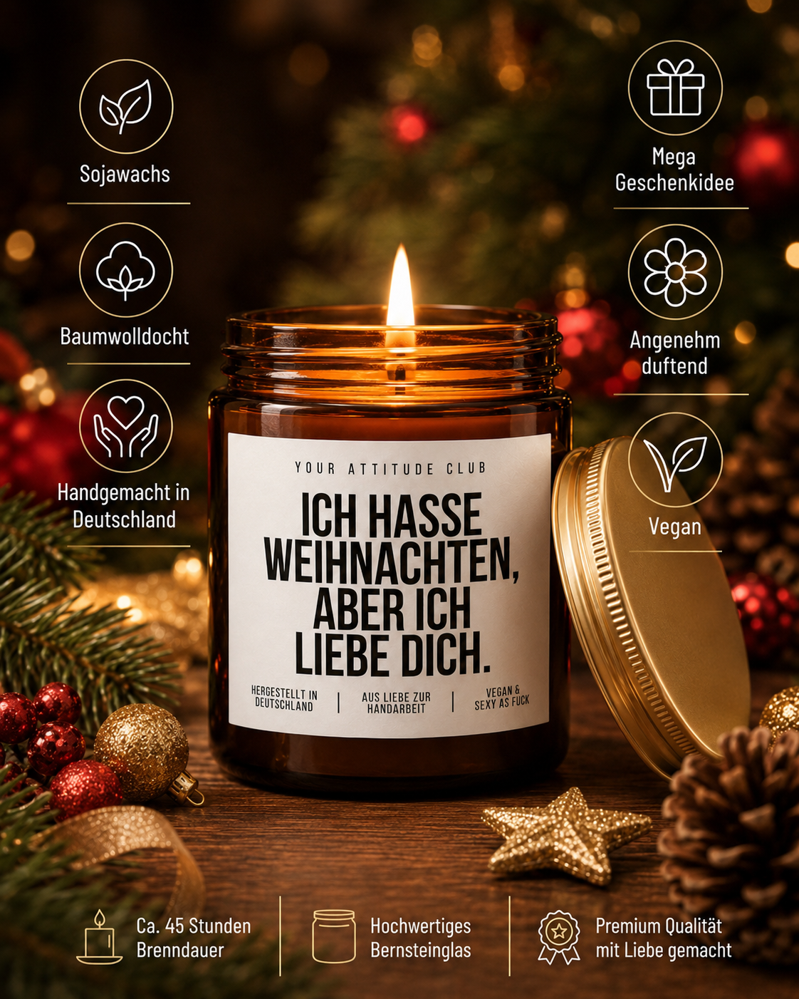 ICH HASSE WEIHNACHTEN, ABER ICH LIEBE DICH Weihnachtskerze mit Spruch | romantisch freche Duftkerze | Geschenk für Partner | Sojawachs Kerze handgemacht