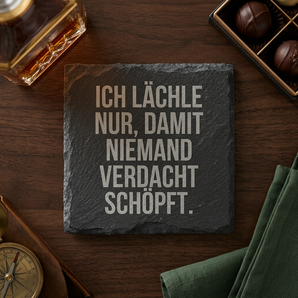 Ich lächle nur, damit niemand Verdacht schöpft. – Schiefer Untersetzer 10x10 cm, lustiges Büro Geschenk, Geschenk für Arbeitskollegen, handgravierter Naturstein