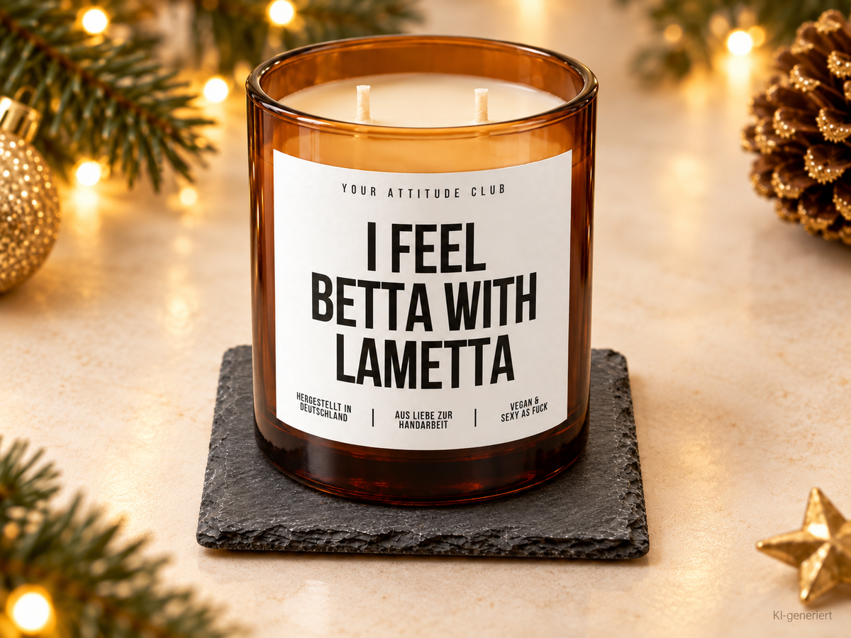 I FEEL BETTA WITH LAMETTA – Weihnachtskerze Naturgras Etikett | Weihnachtsgeschenk | lustige Geschenkidee für Freunde, Kolleg:innen & Familie