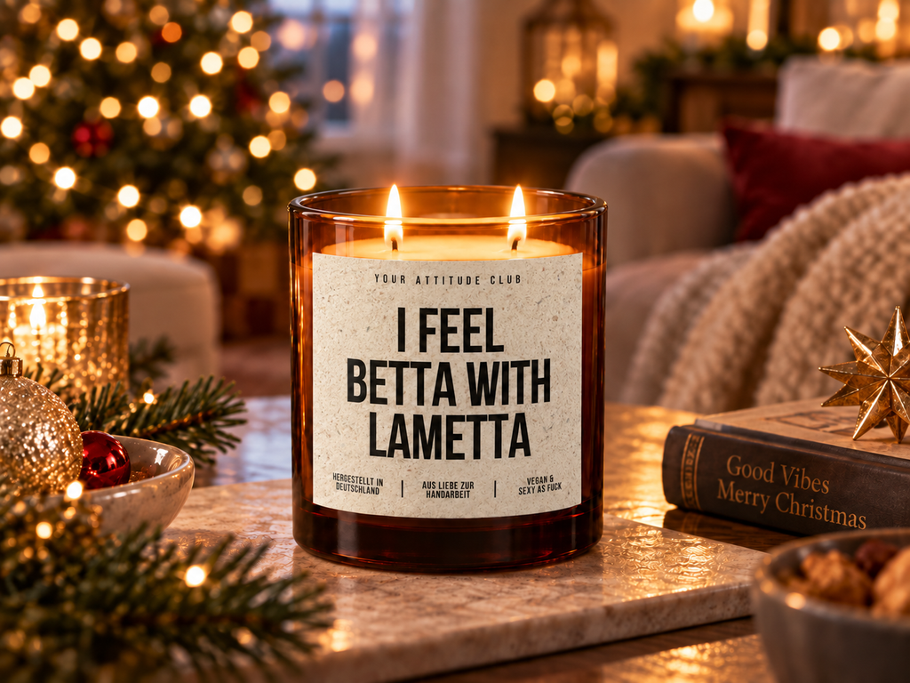 I FEEL BETTA WITH LAMETTA – Weihnachtskerze Naturgras Etikett | Weihnachtsgeschenk | lustige Geschenkidee für Freunde, Kolleg:innen & Familie
