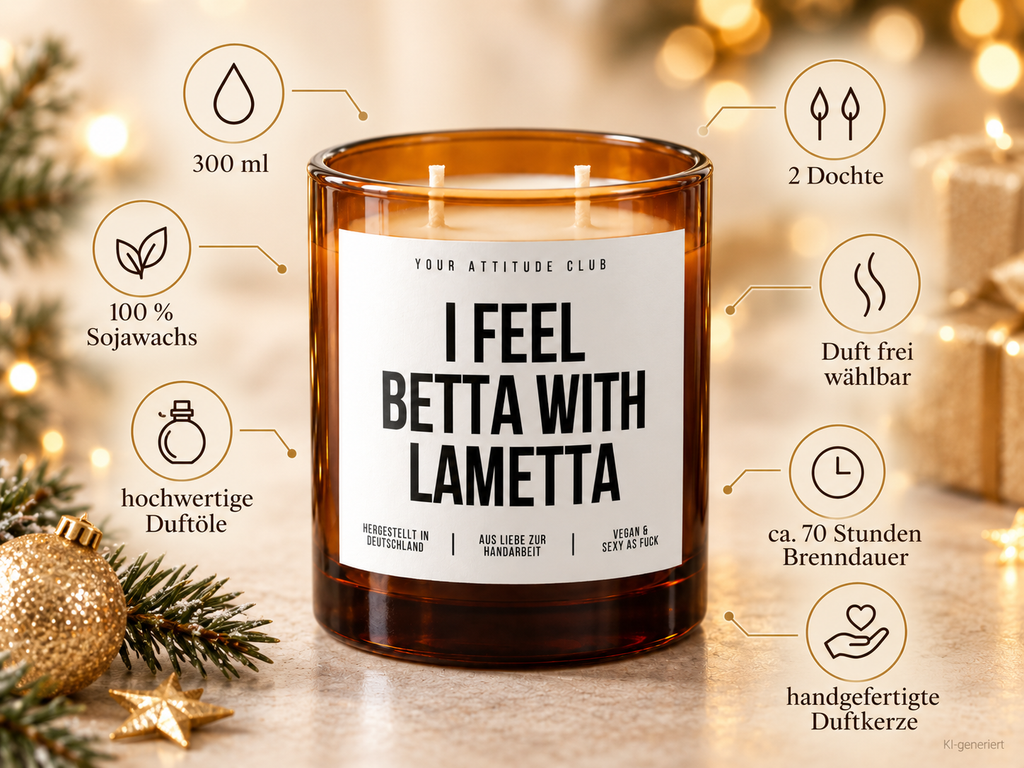 I FEEL BETTA WITH LAMETTA – Weihnachtskerze | Weihnachtsgeschenk | lustige Geschenkidee für Freunde, Kolleg:innen & Familie | Wichtelgeschenk