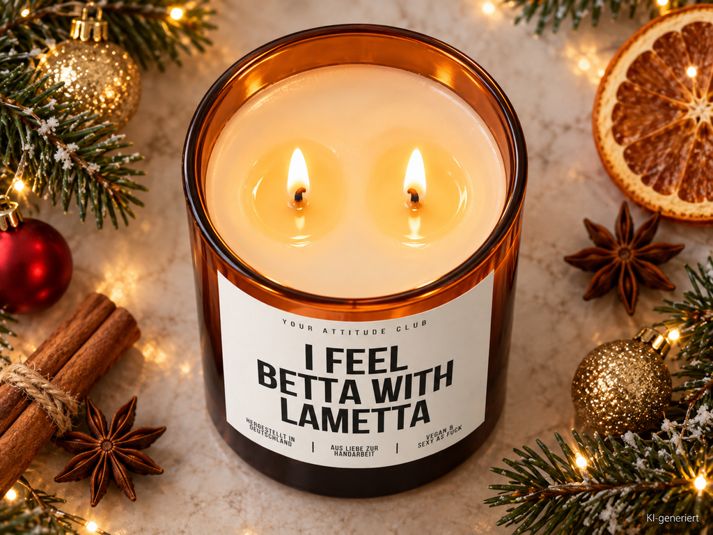 I FEEL BETTA WITH LAMETTA – Weihnachtskerze Naturgras Etikett | Weihnachtsgeschenk | lustige Geschenkidee für Freunde, Kolleg:innen & Familie