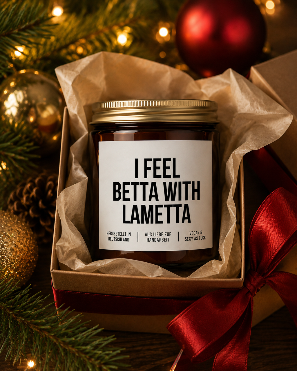 I FEEL BETTA WITH LAMETTA Weihnachtskerze mit Spruch | lustige Duftkerze | Weihnachtsgeschenk | Wichtelgeschenk | Sojawachs Kerze handgemacht