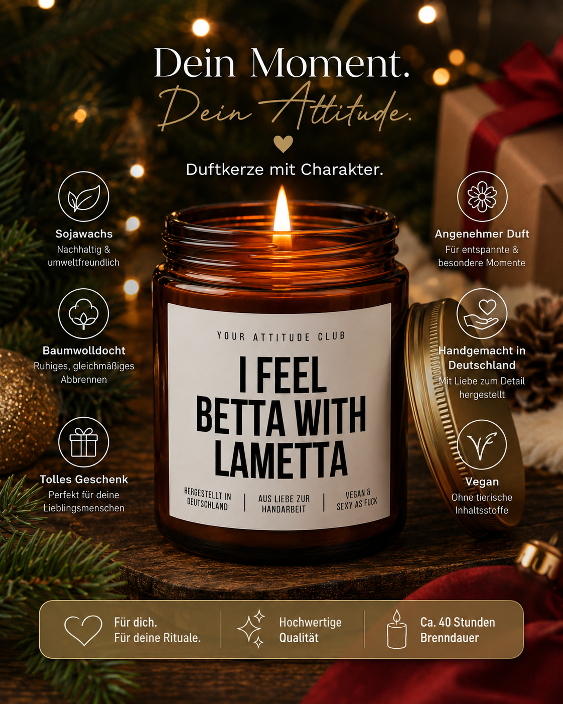 I FEEL BETTA WITH LAMETTA Weihnachtskerze mit Spruch | lustige Duftkerze | Weihnachtsgeschenk | Wichtelgeschenk | Sojawachs Kerze handgemacht