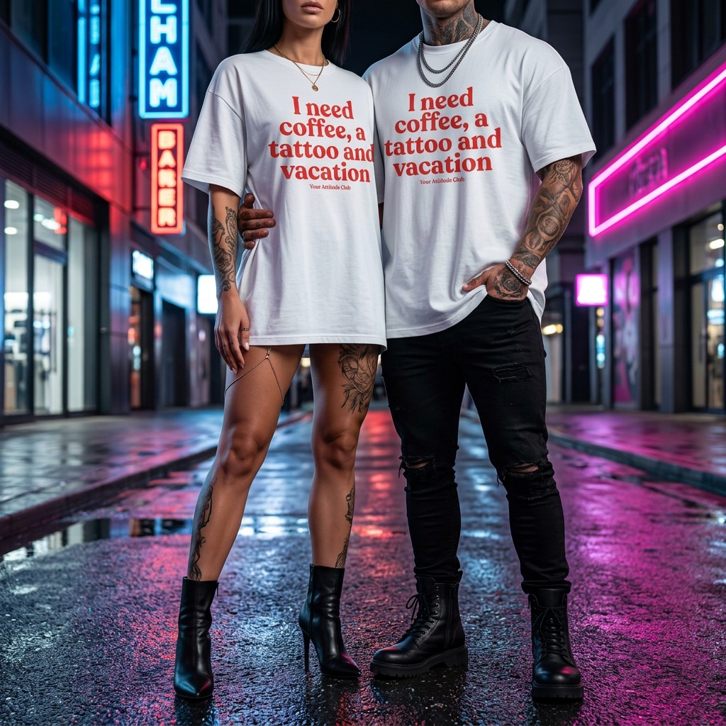 I need coffee, a tattoo and vacation Shirt mit Frontprint – Oversize Unisex T-Shirt aus 100% Baumwolle, Streetwear Statement