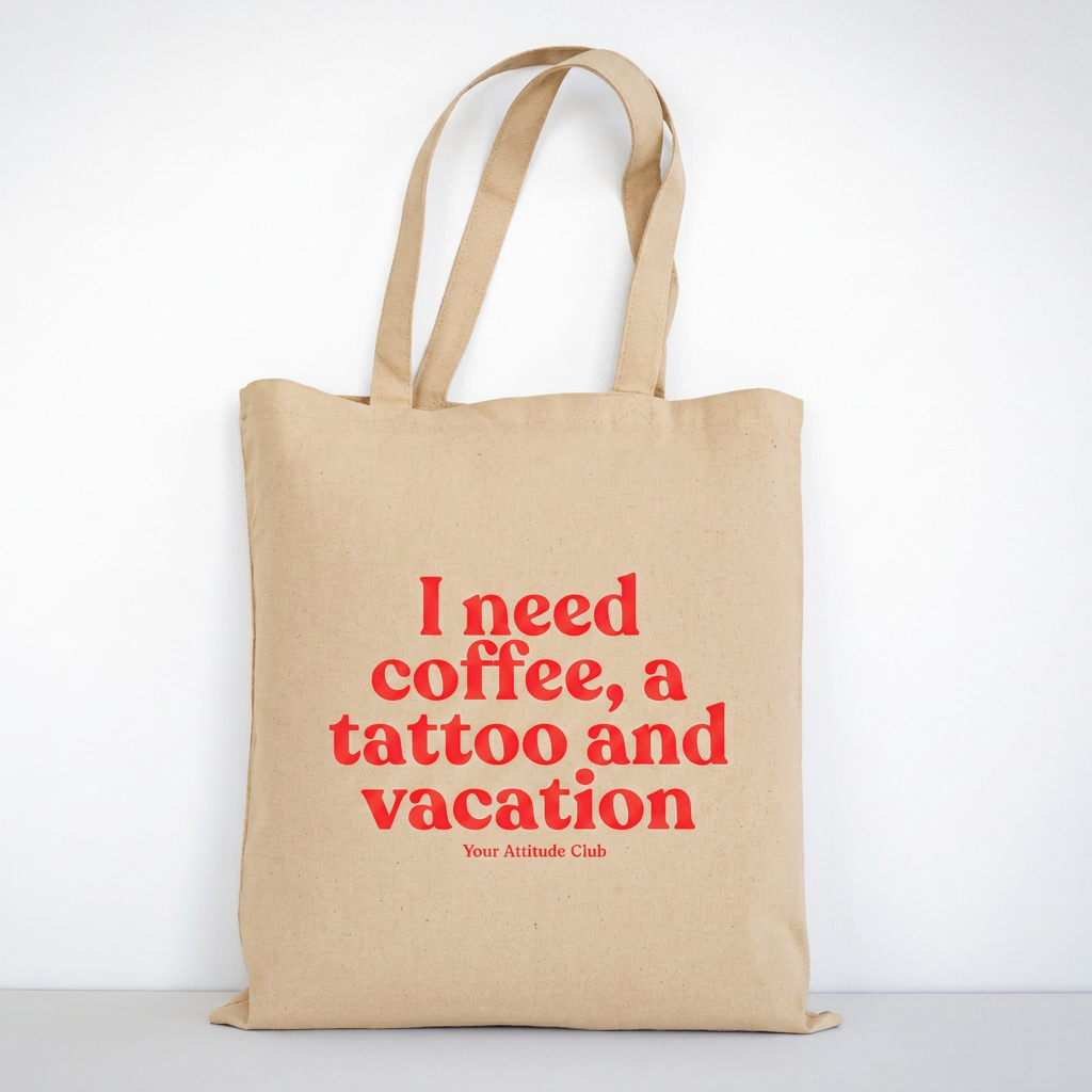 I need coffee, a tattoo and vacation Beutel – Baumwoll Tragetasche mit Spruch, Shopper Bag Damen Herren, Statement Stoffbeutel groß, Streetwear Tasche